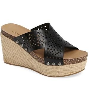 Lucky Brand Neeka Black Leather Platform Espadrille Sandals Size 10